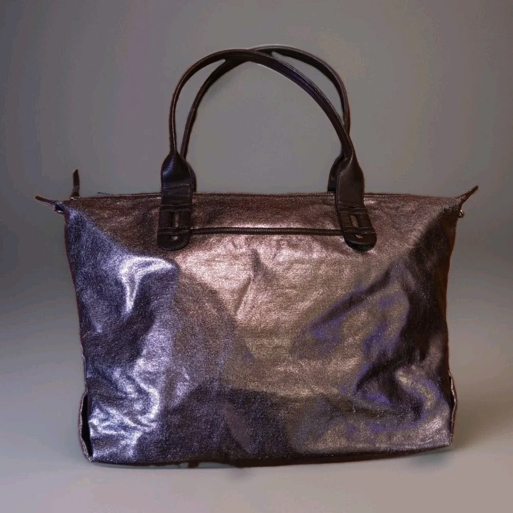 Stella & Dot Metallic Bronze Sz L Tote Weekender Travel Bag Leather Trim EUC VTG